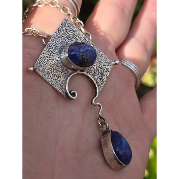 Vintage Sterling Silver & Blue Lapis Lazuli Modernist Pendant Necklace, 17" - Picture 3 of 10